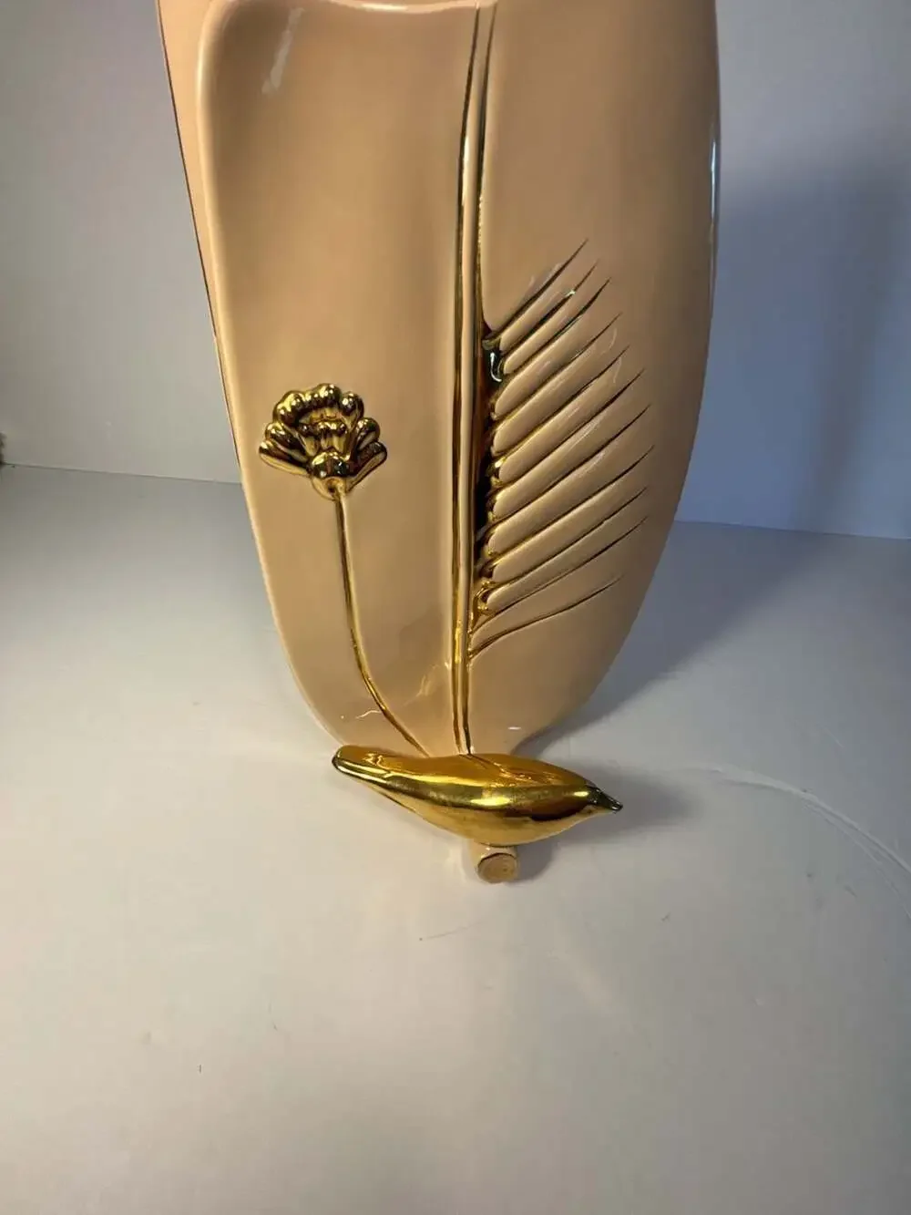 Vintage Mid-Century Modern Pink Ceramic Wall Pocket Vase with Gold Trim